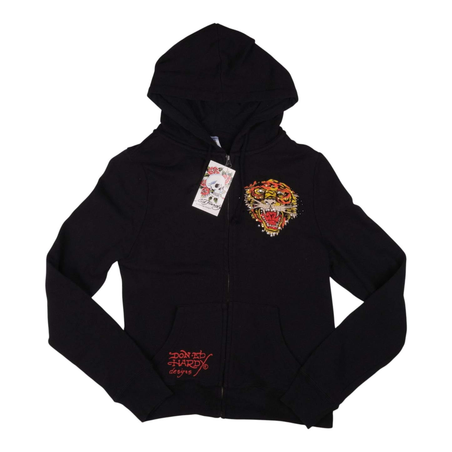 Ed Hardy Tiger Rhinestones Zip Up Black Hoodie