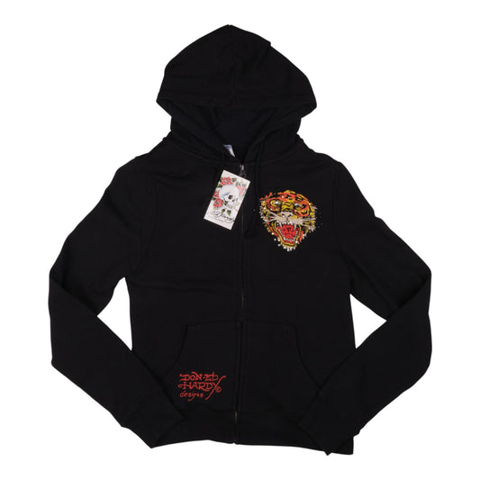 Ed Hardy Tiger Rhinestones Zip Up Black Hoodie