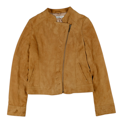 Vivienne Tam Tan Suede Asymmetric Zip Moto Jacket