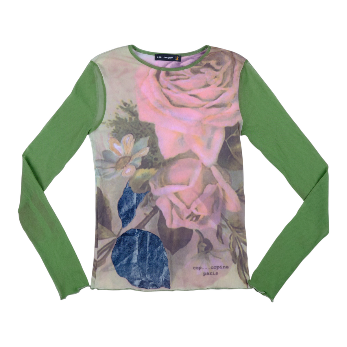 Cop.Copine Rose Floral Mesh Panel Long Sleeve Top