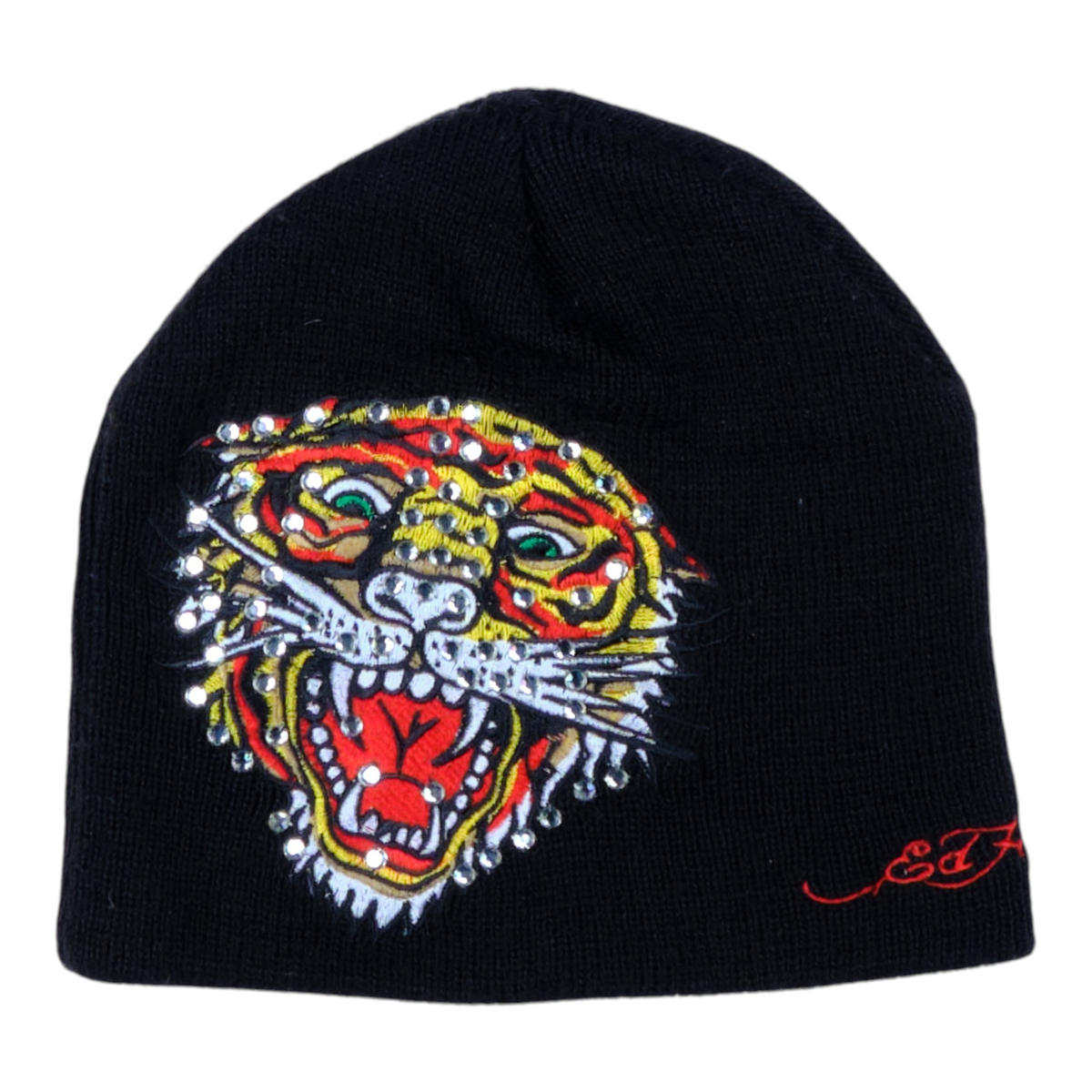 Ed Hardy Rhinestone Tiger Graphic Black Beanie