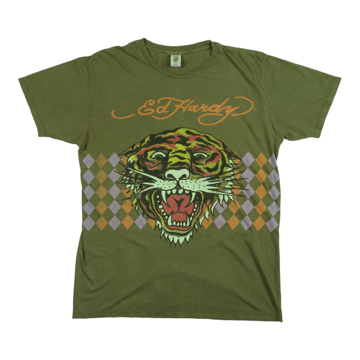 Ed Hardy Tiger Head Argyle Olive Tee