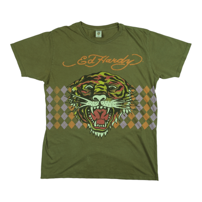 Ed Hardy Tiger Head Argyle Olive Tee