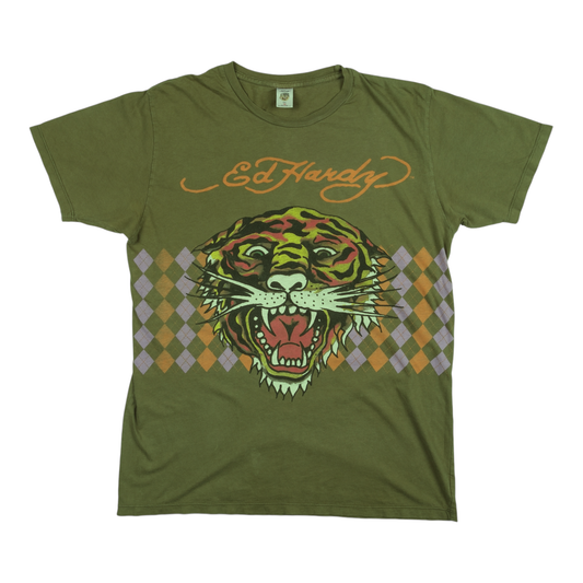 Ed Hardy Tiger Head Argyle Olive Tee