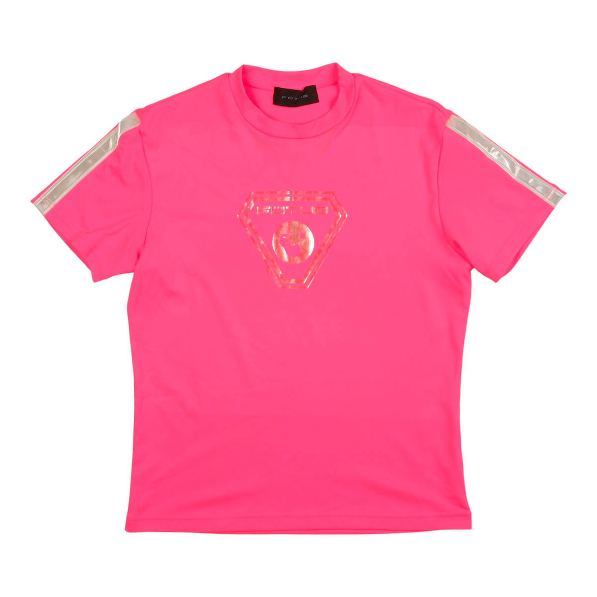 FÖTUS Neon Pink Diamond Logo Tee with Silver Shoulder Stripes