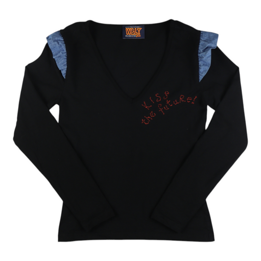 W&LT “Kiss the Future!” Ruffled Shoulder Long Sleeve Top – Black